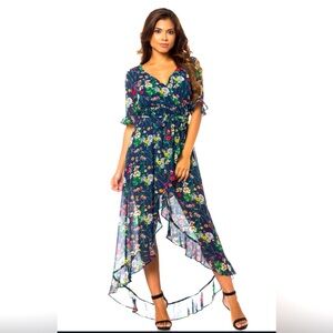 Jonathan Martin Like NEW Elegant Flow Floral High Low Dress - Navy Green Yellow